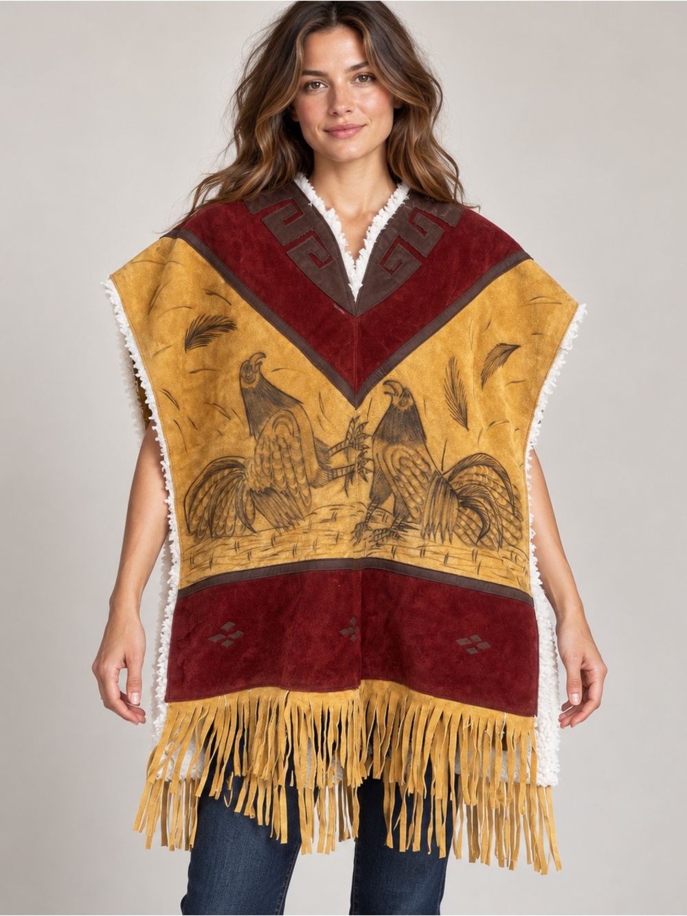 Suede Leather Gaban Poncho Rooster Design Shearling Lined One Size